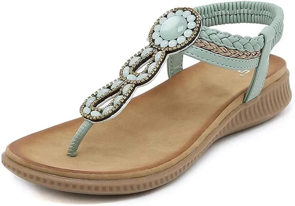 Women Bohemian Pearl Beaded Sandals Rhinestones Flip Flops Slip On Tong Flat Beach Shoes