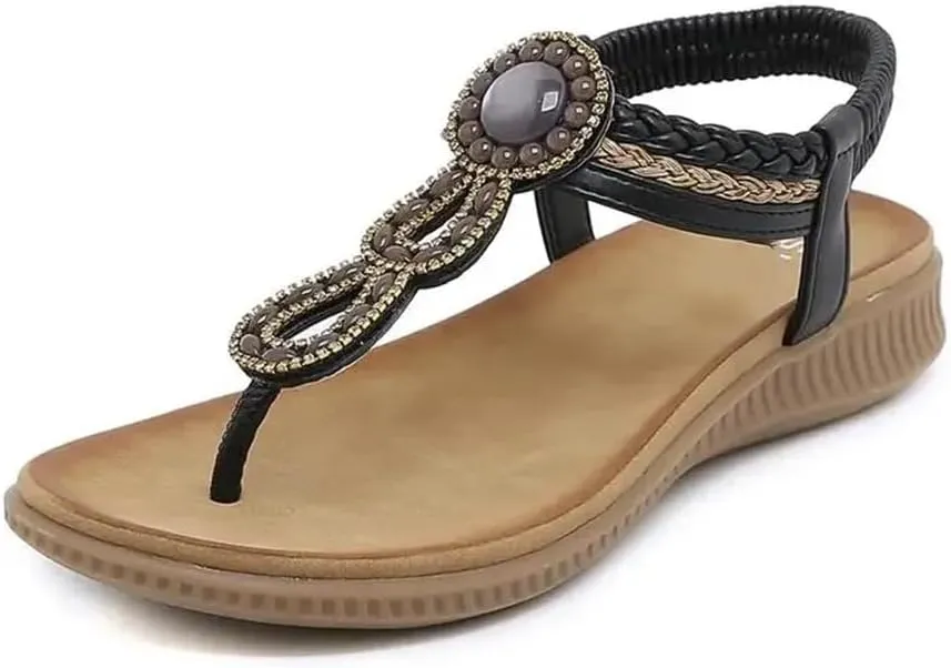 Women Bohemian Pearl Beaded Sandals Rhinestones Flip Flops Slip On Tong Flat Beach Shoes