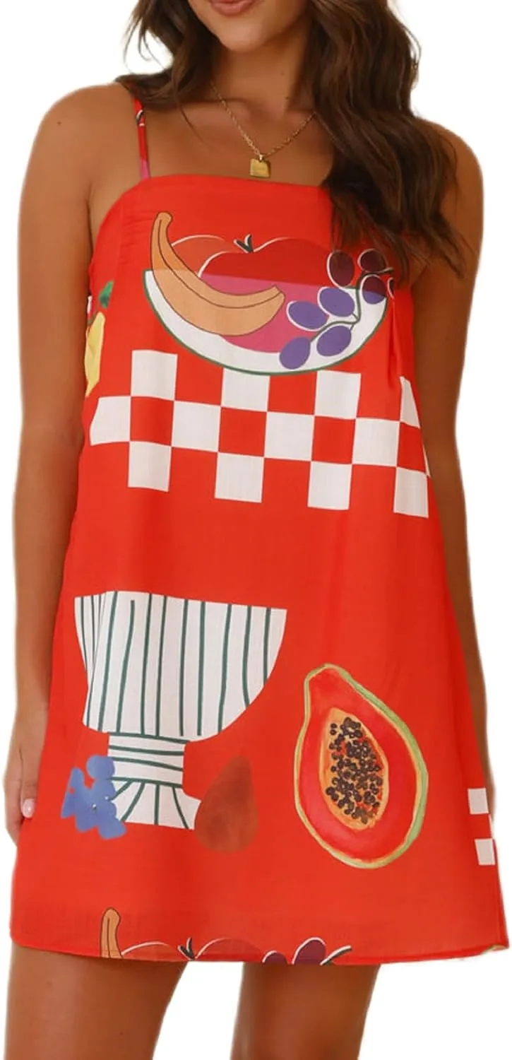 Women Boho Graphic Mini Dress Colorful Graffiti Cute Cami Short Sun Dresses Spaghetti Strap Shift Sundress