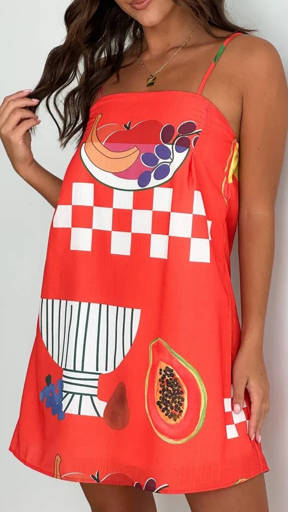 Women Boho Graphic Mini Dress Colorful Graffiti Cute Cami Short Sun Dresses Spaghetti Strap Shift Sundress