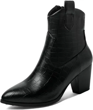 Women Chunky Heel Western Cowgirl Ankle Booties Pointed Toe Animal Crocodile Printed Side Zipper Casual Platform Chelsea Cowboy Boots