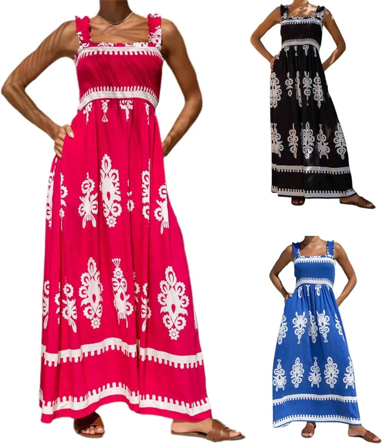 Women Floral Maxi Dress Summer Tie Strap Ruffle Sleeveless Backless Boho Long Dress Flowy Beach Vacation Sundress