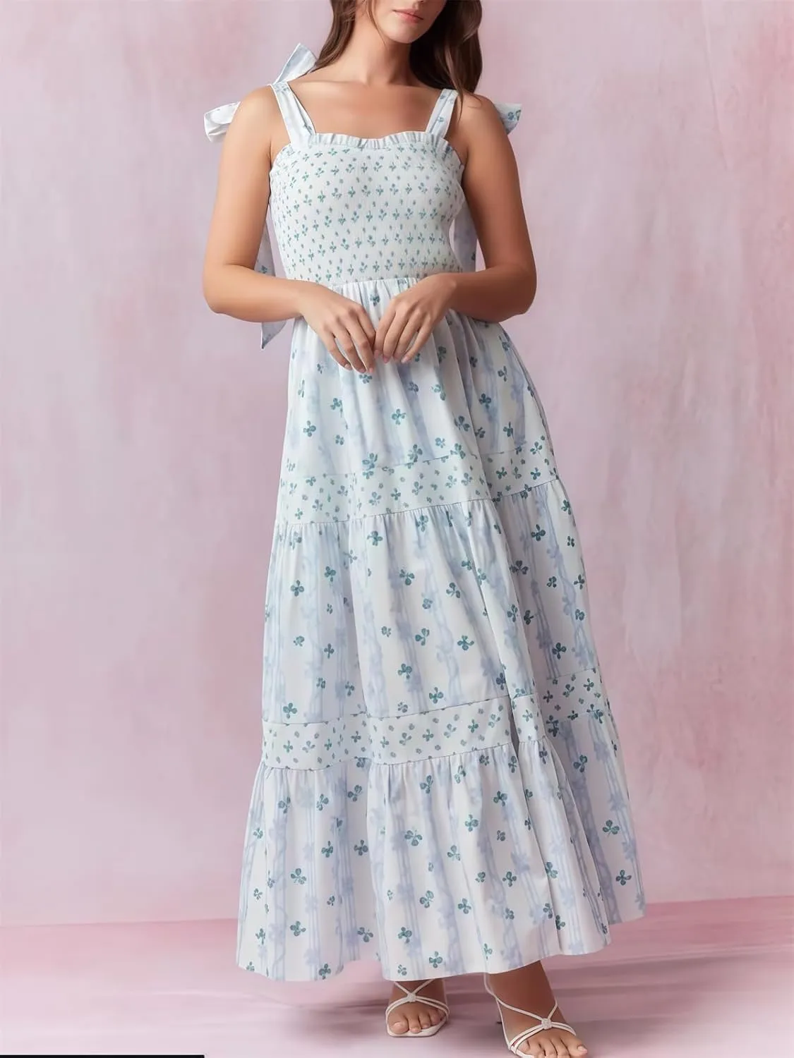 Women Floral Maxi Dress Summer Tie Strap Ruffle Sleeveless Backless Boho Long Dress Flowy Beach Vacation Sundress