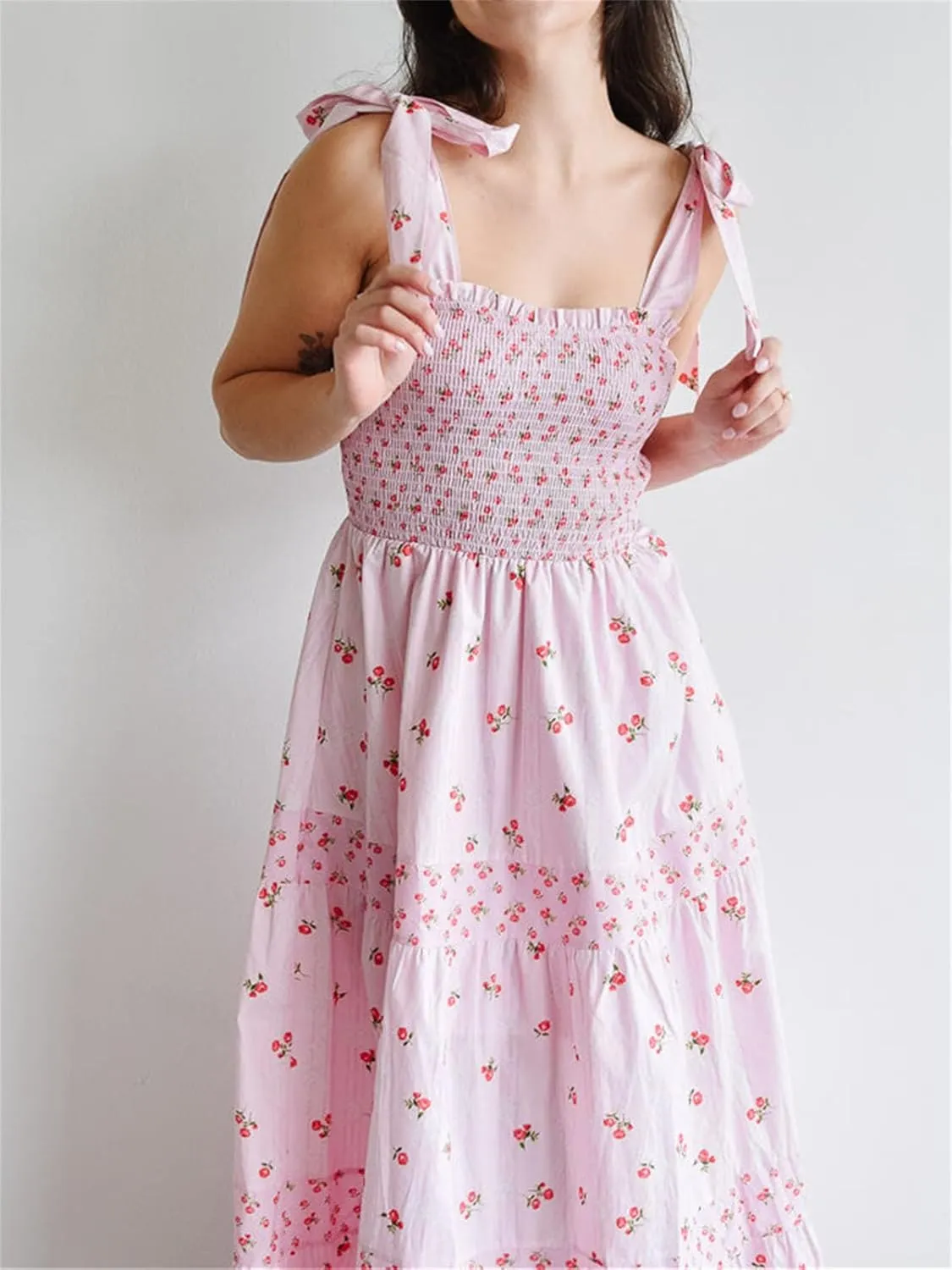 Women Floral Maxi Dress Summer Tie Strap Ruffle Sleeveless Backless Boho Long Dress Flowy Beach Vacation Sundress