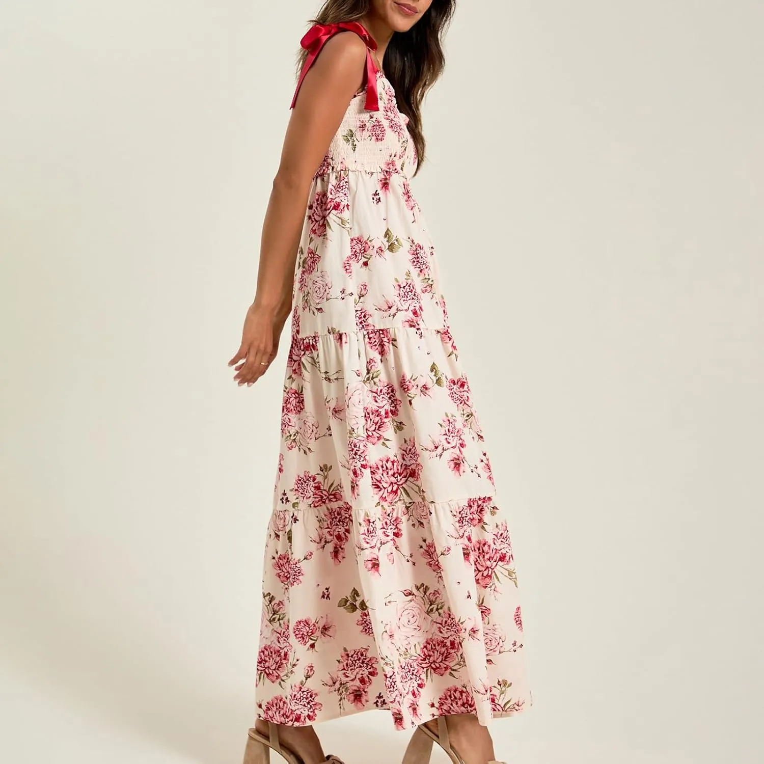 Women Floral Maxi Dress Summer Tie Strap Ruffle Sleeveless Backless Boho Long Dress Flowy Beach Vacation Sundress