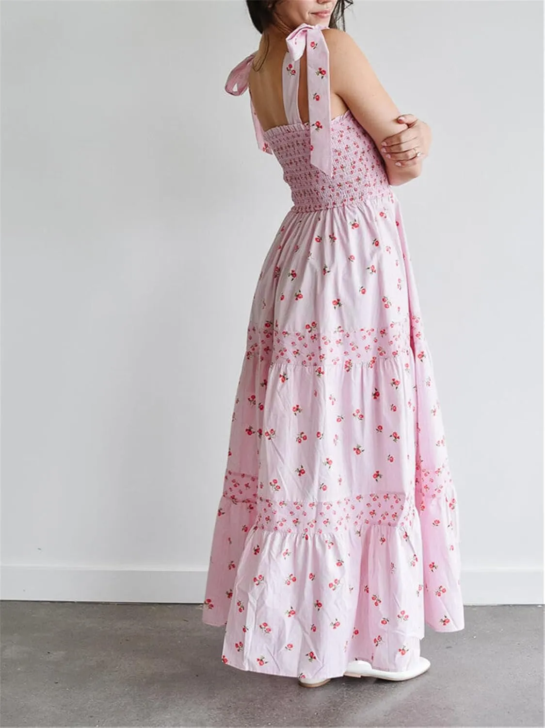 Women Floral Maxi Dress Summer Tie Strap Ruffle Sleeveless Backless Boho Long Dress Flowy Beach Vacation Sundress