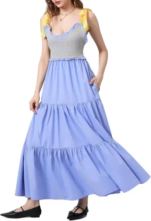 Women Floral Maxi Dress Summer Tie Strap Ruffle Sleeveless Backless Boho Long Dress Flowy Beach Vacation Sundress