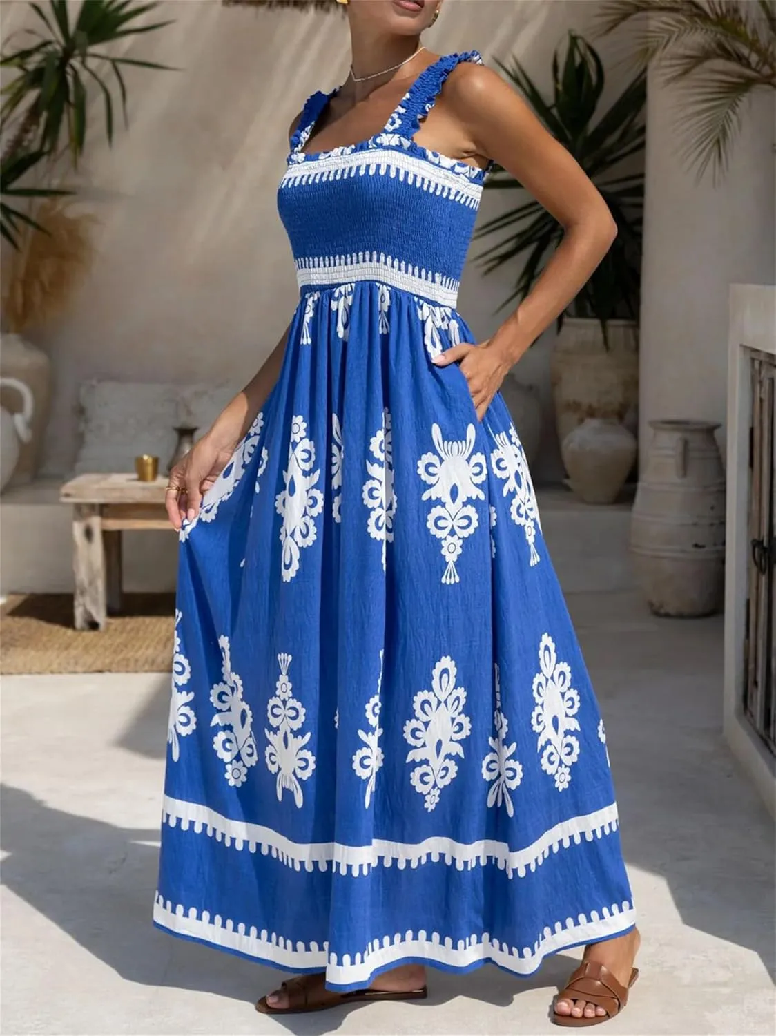 Women Floral Maxi Dress Summer Tie Strap Ruffle Sleeveless Backless Boho Long Dress Flowy Beach Vacation Sundress