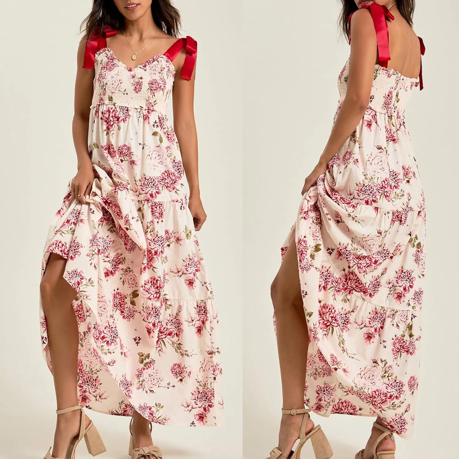 Women Floral Maxi Dress Summer Tie Strap Ruffle Sleeveless Backless Boho Long Dress Flowy Beach Vacation Sundress
