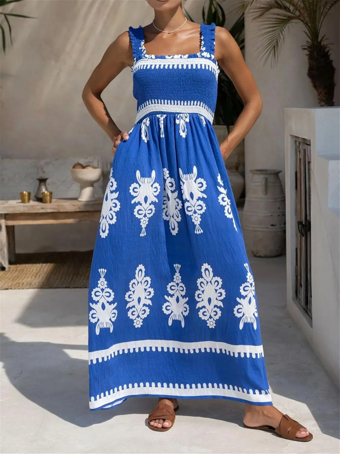 Women Floral Maxi Dress Summer Tie Strap Ruffle Sleeveless Backless Boho Long Dress Flowy Beach Vacation Sundress