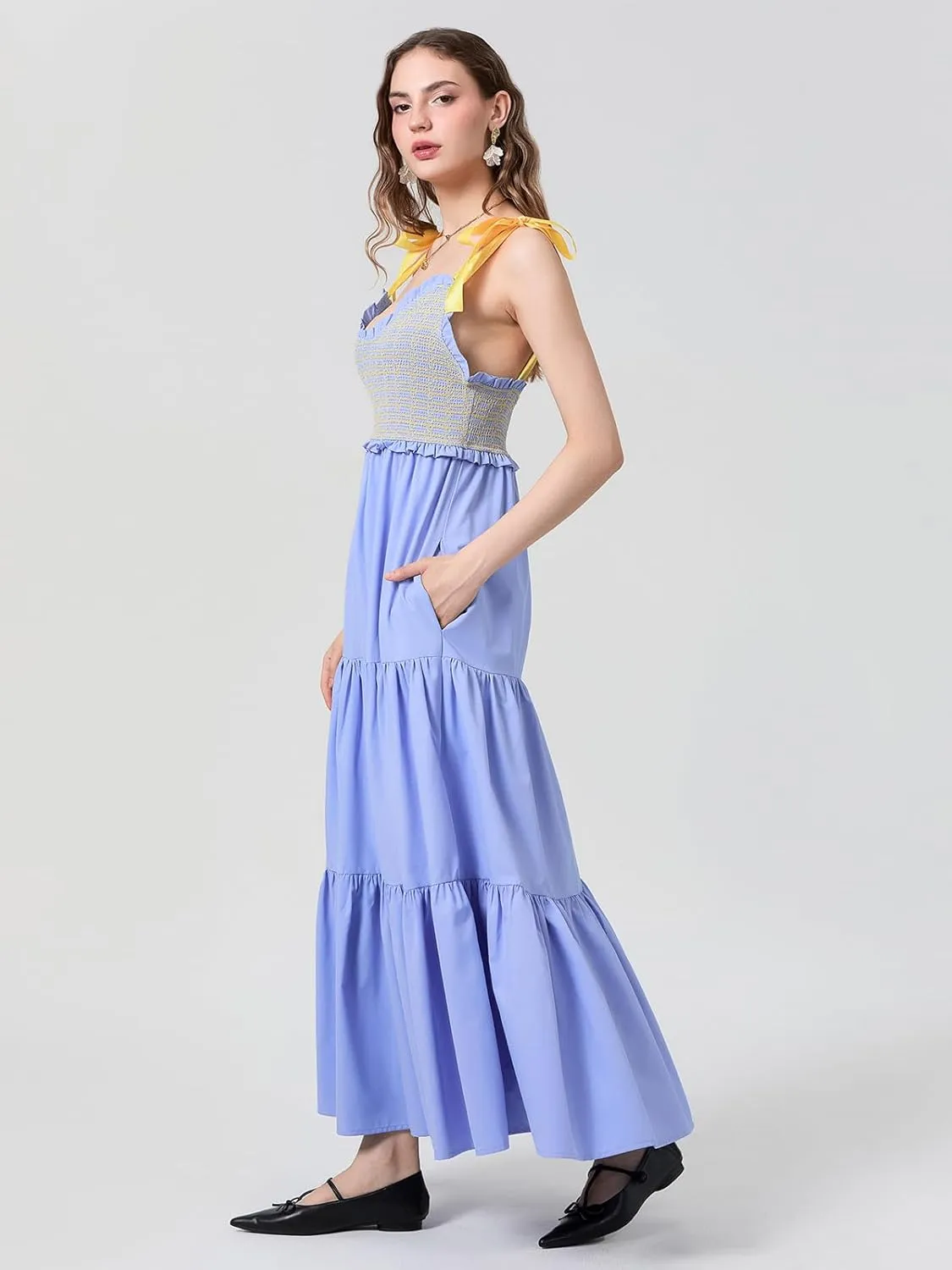 Women Floral Maxi Dress Summer Tie Strap Ruffle Sleeveless Backless Boho Long Dress Flowy Beach Vacation Sundress