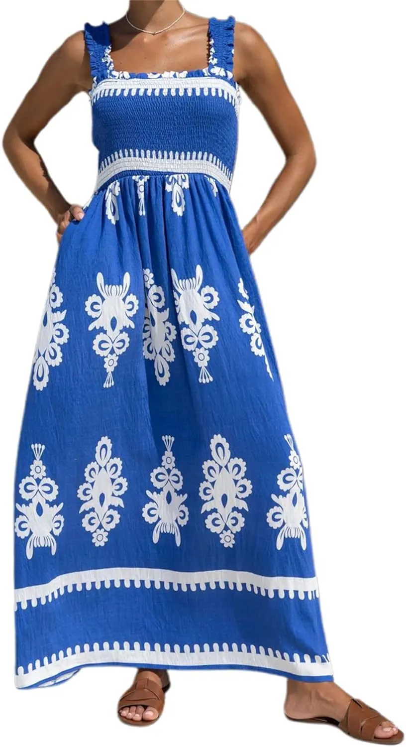 Women Floral Maxi Dress Summer Tie Strap Ruffle Sleeveless Backless Boho Long Dress Flowy Beach Vacation Sundress