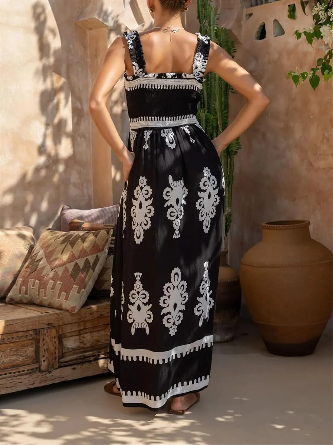 Women Floral Maxi Dress Summer Tie Strap Ruffle Sleeveless Backless Boho Long Dress Flowy Beach Vacation Sundress