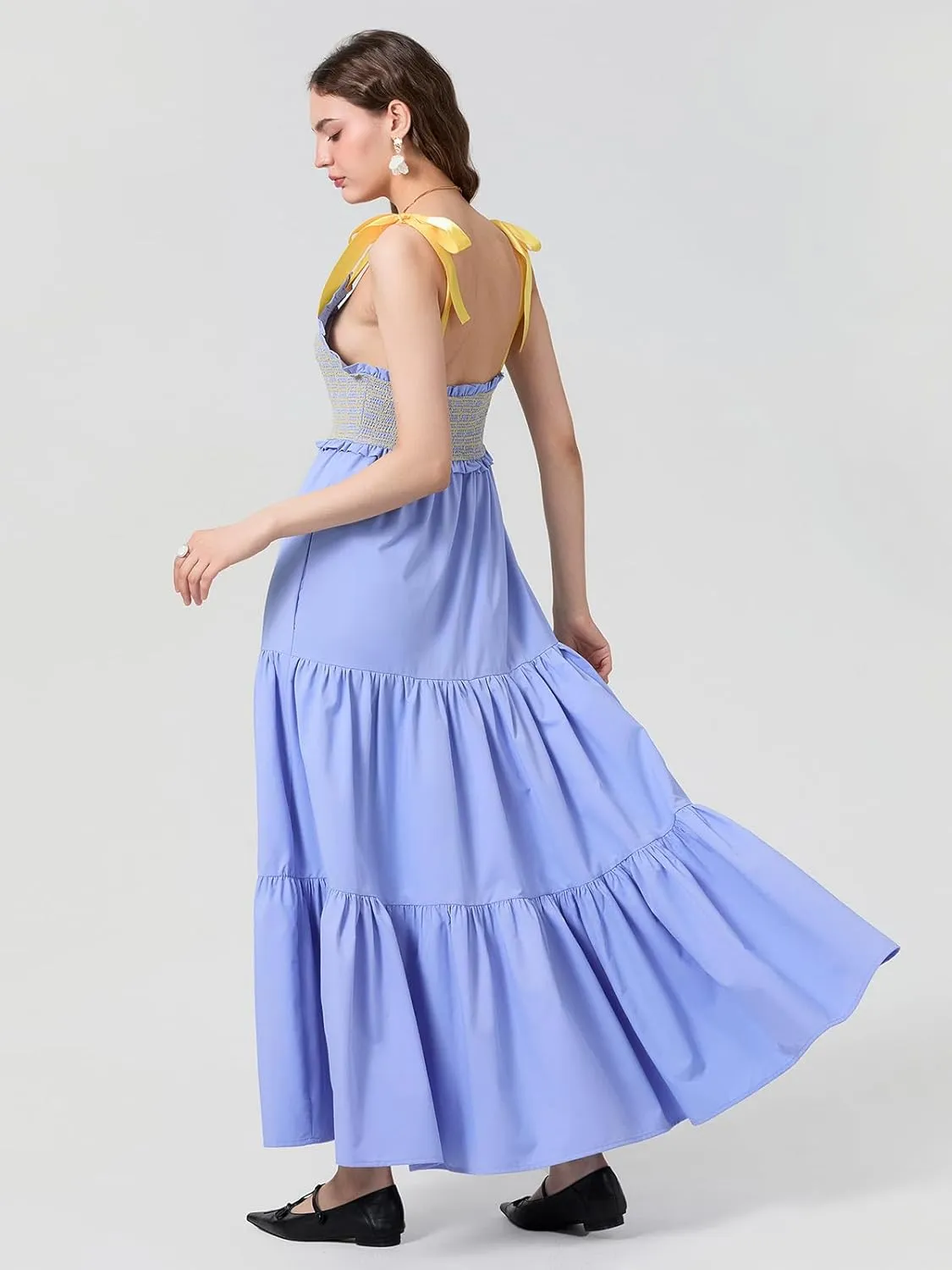 Women Floral Maxi Dress Summer Tie Strap Ruffle Sleeveless Backless Boho Long Dress Flowy Beach Vacation Sundress