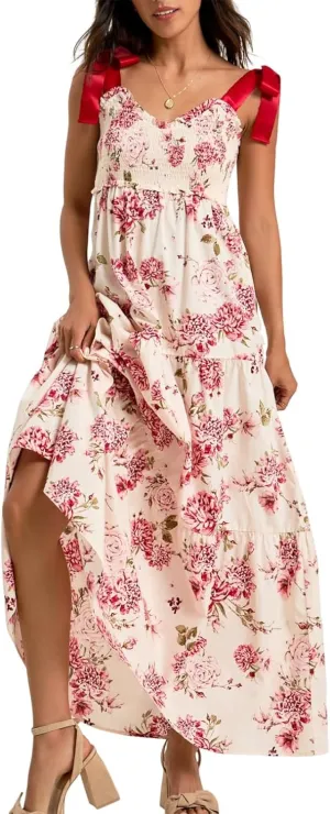 Women Floral Maxi Dress Summer Tie Strap Ruffle Sleeveless Backless Boho Long Dress Flowy Beach Vacation Sundress
