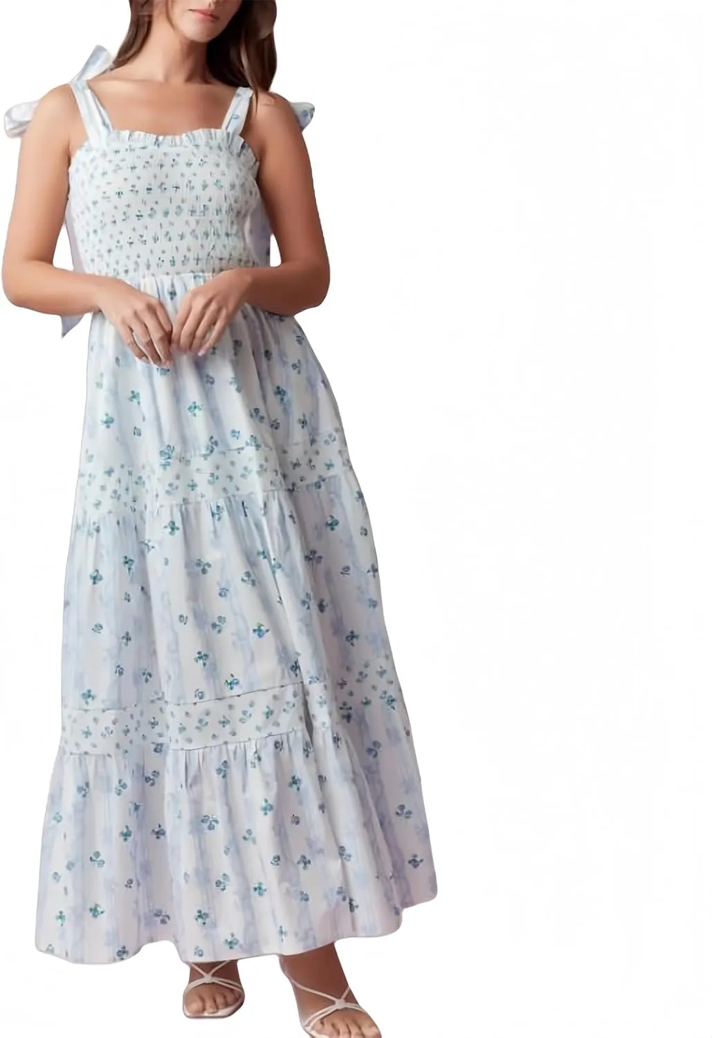 Women Floral Maxi Dress Summer Tie Strap Ruffle Sleeveless Backless Boho Long Dress Flowy Beach Vacation Sundress
