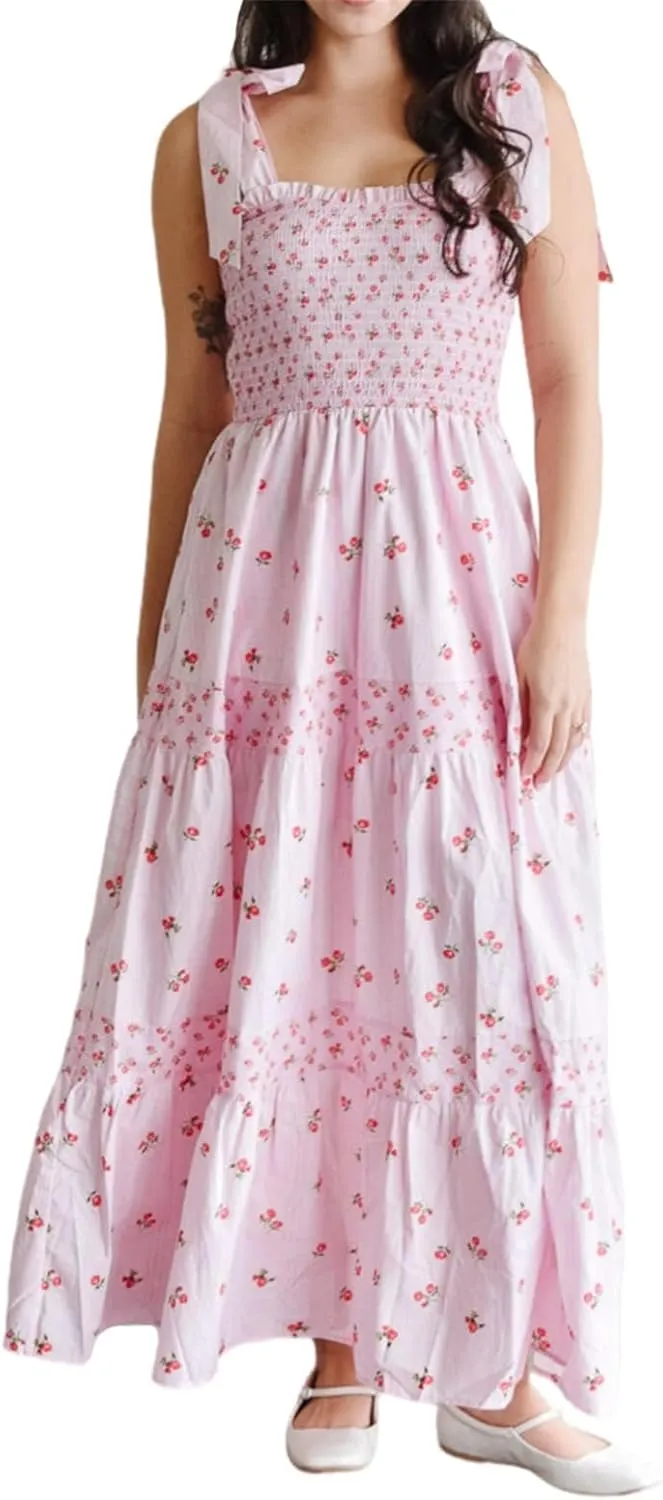 Women Floral Maxi Dress Summer Tie Strap Ruffle Sleeveless Backless Boho Long Dress Flowy Beach Vacation Sundress