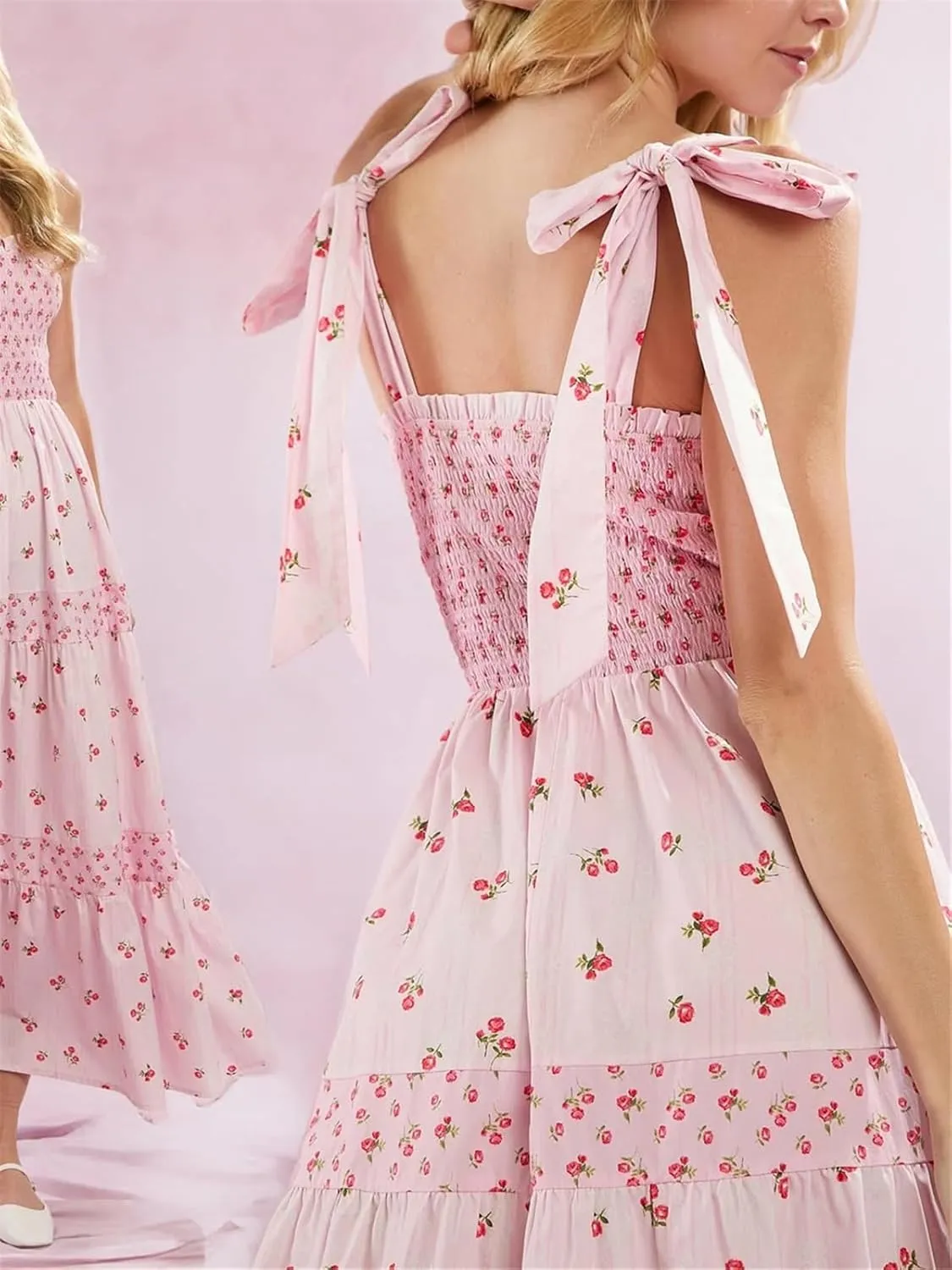 Women Floral Maxi Dress Summer Tie Strap Ruffle Sleeveless Backless Boho Long Dress Flowy Beach Vacation Sundress