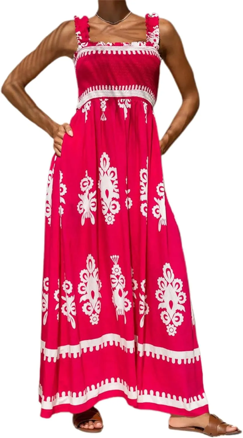 Women Floral Maxi Dress Summer Tie Strap Ruffle Sleeveless Backless Boho Long Dress Flowy Beach Vacation Sundress