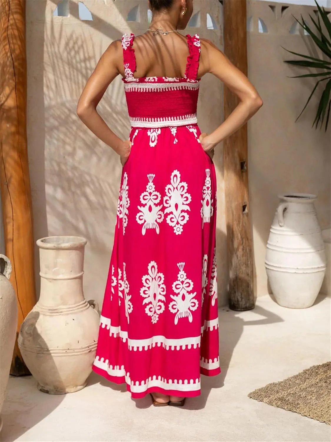Women Floral Maxi Dress Summer Tie Strap Ruffle Sleeveless Backless Boho Long Dress Flowy Beach Vacation Sundress