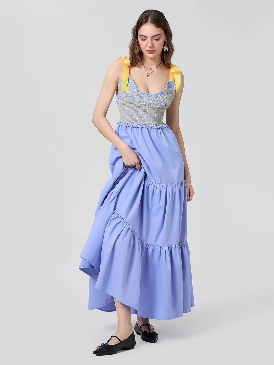 Women Floral Maxi Dress Summer Tie Strap Ruffle Sleeveless Backless Boho Long Dress Flowy Beach Vacation Sundress