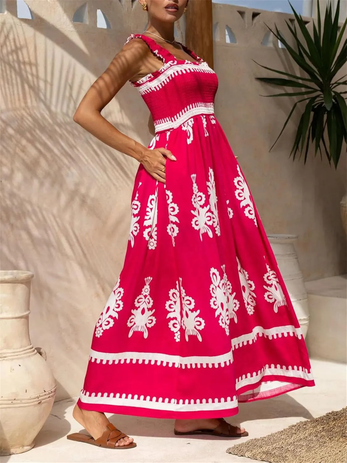 Women Floral Maxi Dress Summer Tie Strap Ruffle Sleeveless Backless Boho Long Dress Flowy Beach Vacation Sundress