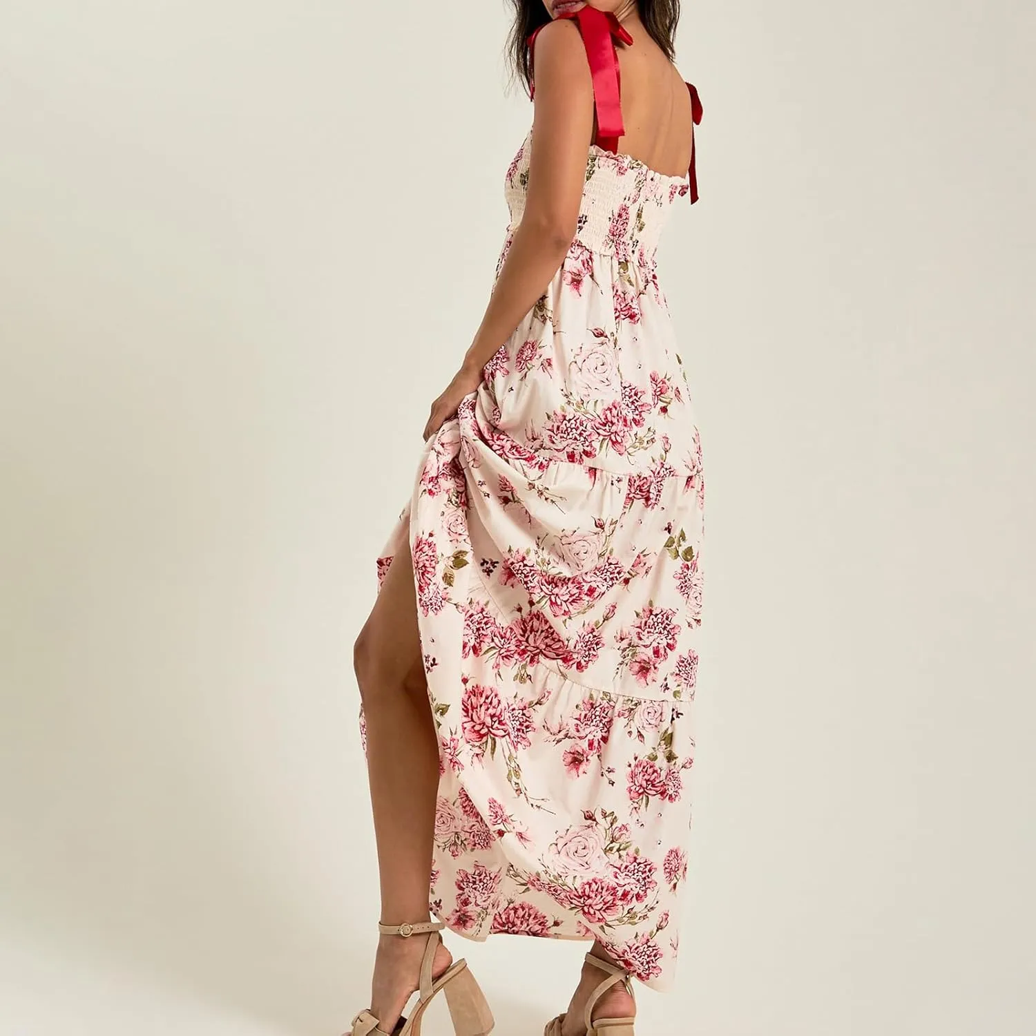 Women Floral Maxi Dress Summer Tie Strap Ruffle Sleeveless Backless Boho Long Dress Flowy Beach Vacation Sundress