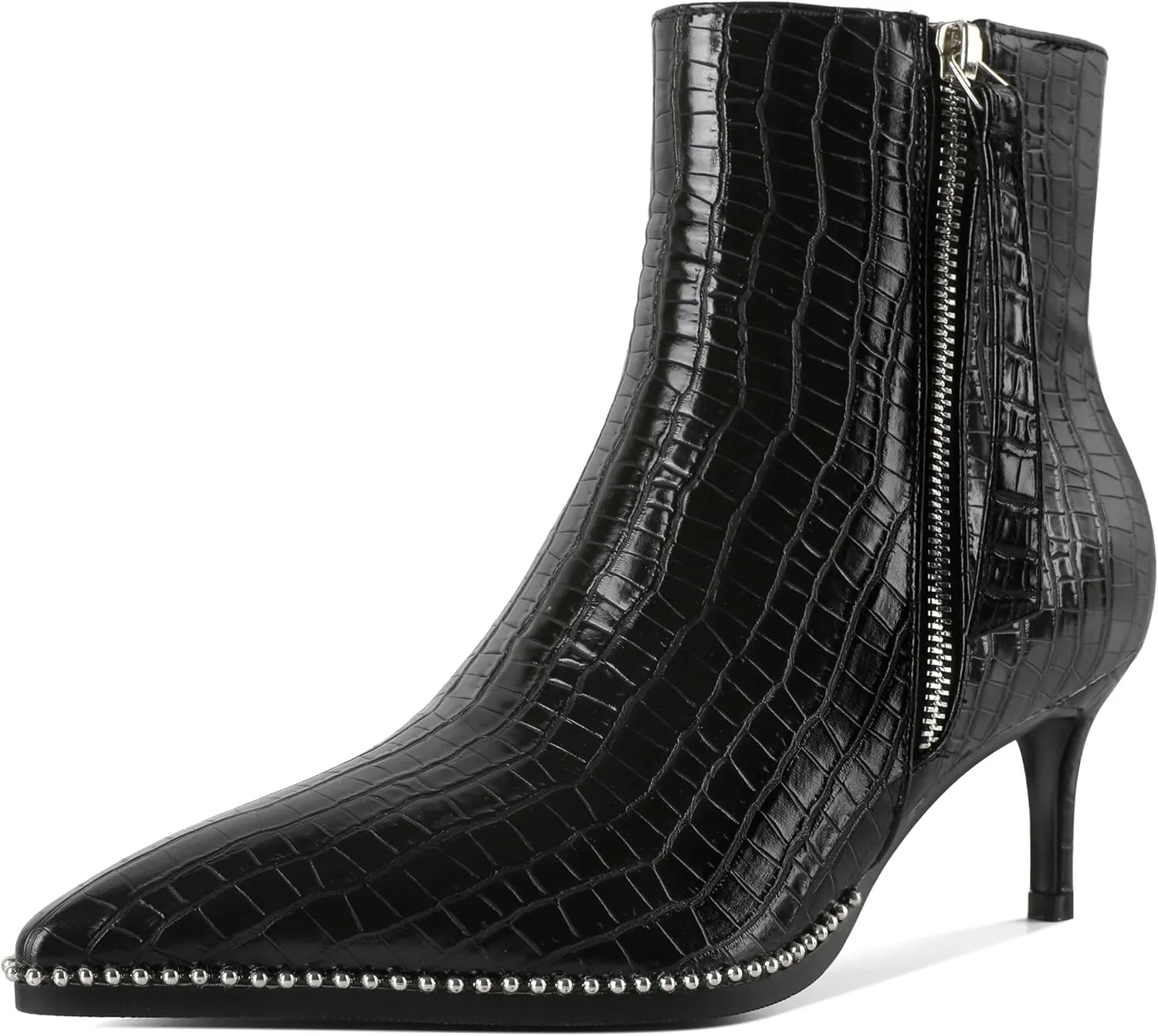 Women Low Heel Boots Pointed Toe with Beaded Short Boot Zipper Kitten Heel Booties 2.5 Inch
