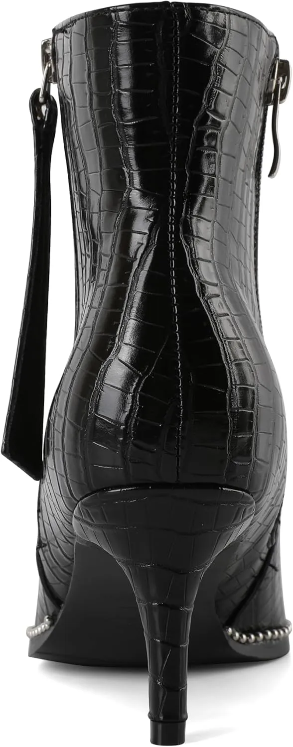 Women Low Heel Boots Pointed Toe with Beaded Short Boot Zipper Kitten Heel Booties 2.5 Inch
