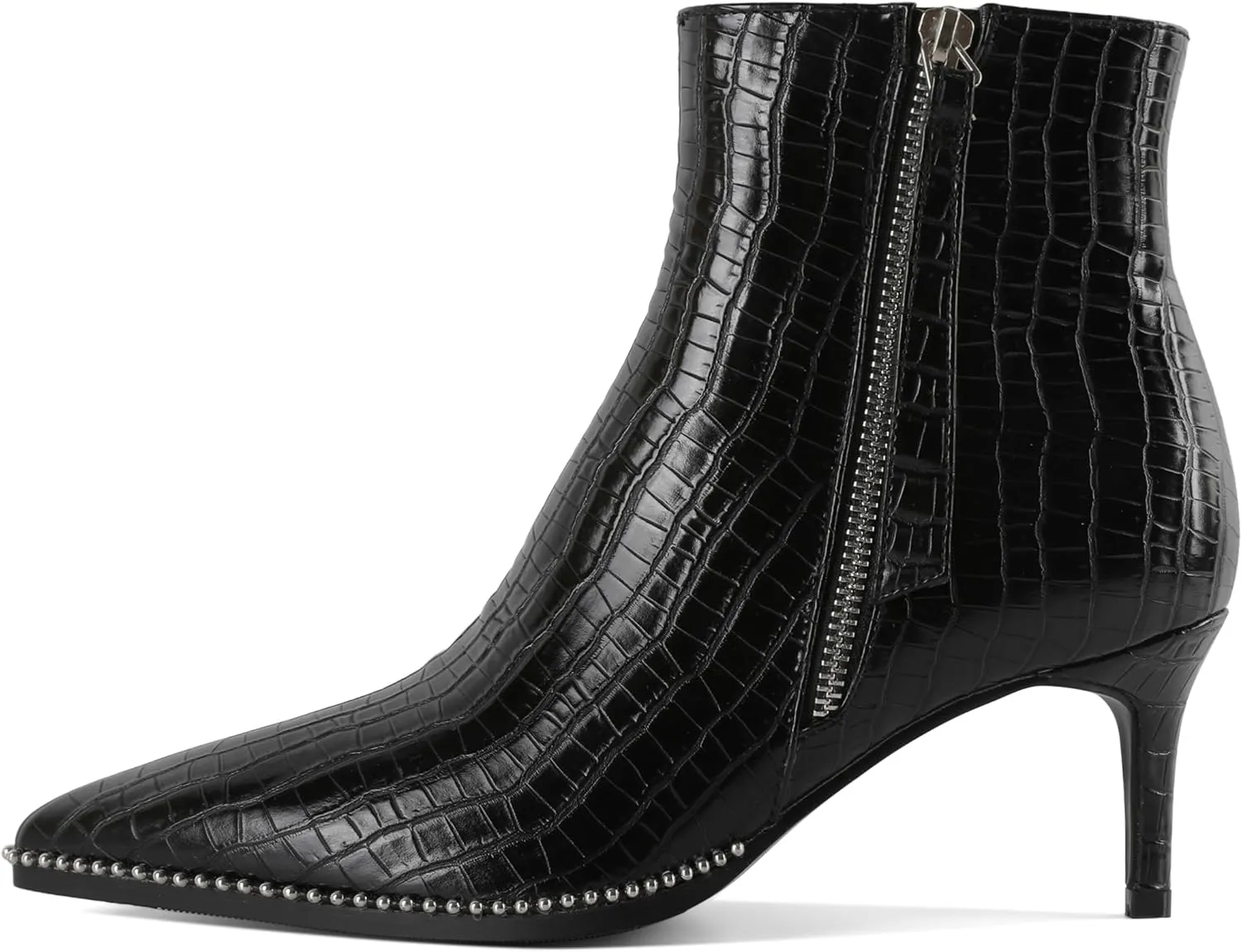Women Low Heel Boots Pointed Toe with Beaded Short Boot Zipper Kitten Heel Booties 2.5 Inch