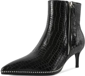Women Low Heel Boots Pointed Toe with Beaded Short Boot Zipper Kitten Heel Booties 2.5 Inch