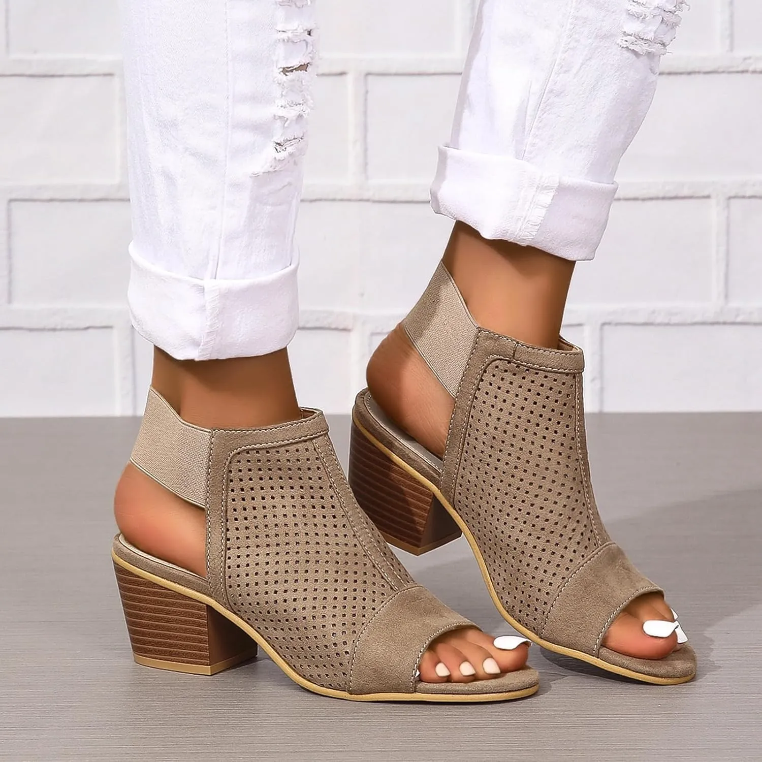 Women Peep Toe Booties Open Toe Boots Cutout Ankle Strap Mid Black Chunky Heel Block Sandals