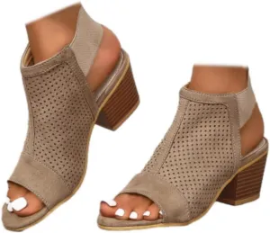 Women Peep Toe Booties Open Toe Boots Cutout Ankle Strap Mid Black Chunky Heel Block Sandals