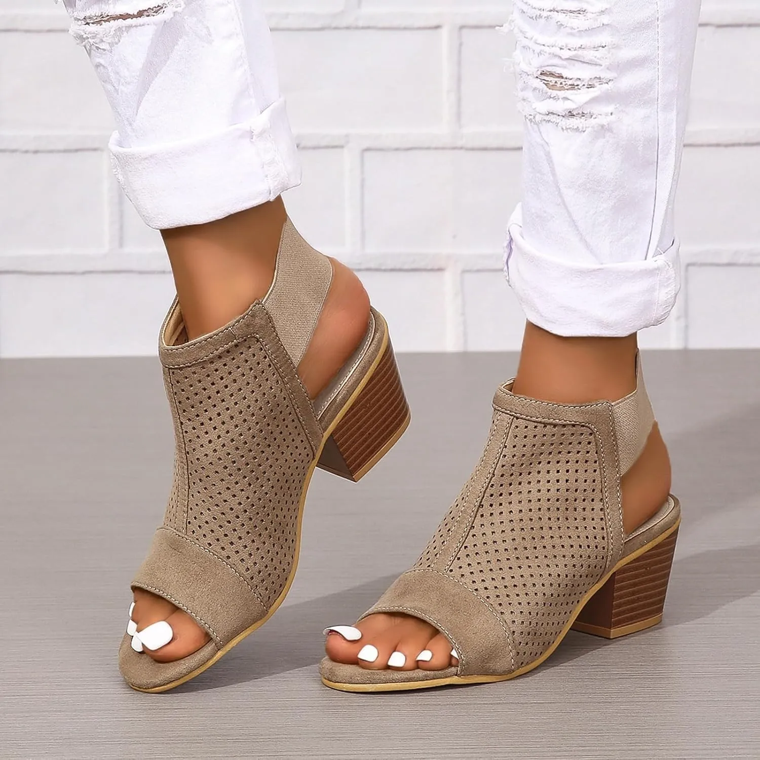 Women Peep Toe Booties Open Toe Boots Cutout Ankle Strap Mid Black Chunky Heel Block Sandals
