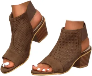 Women Peep Toe Booties Open Toe Boots Cutout Ankle Strap Mid Black Chunky Heel Block Sandals