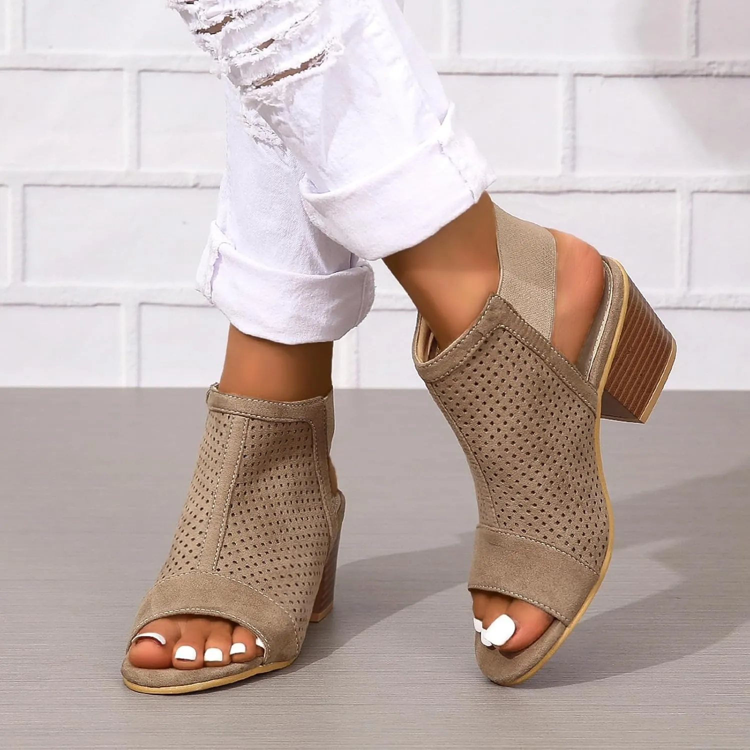 Women Peep Toe Booties Open Toe Boots Cutout Ankle Strap Mid Black Chunky Heel Block Sandals