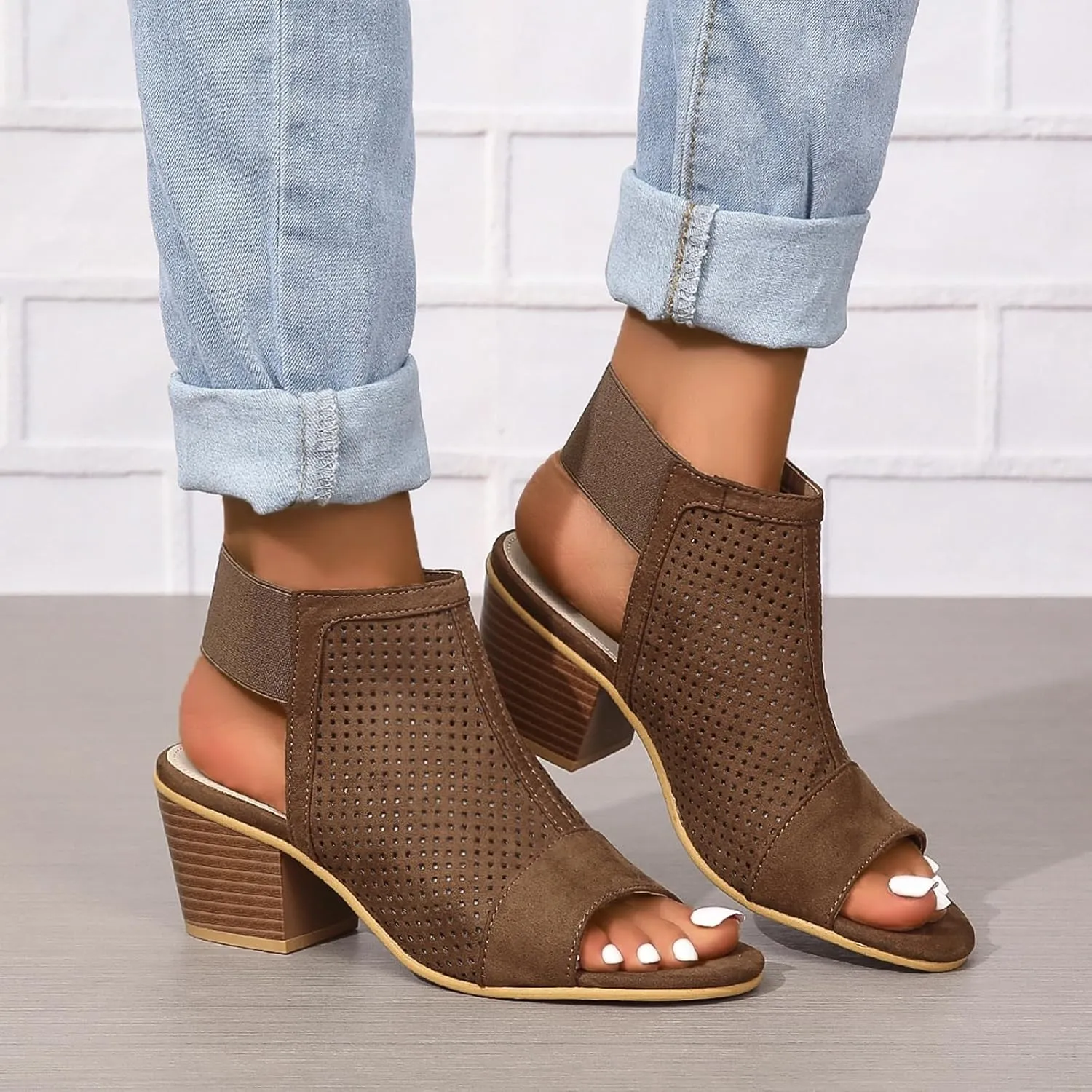 Women Peep Toe Booties Open Toe Boots Cutout Ankle Strap Mid Black Chunky Heel Block Sandals