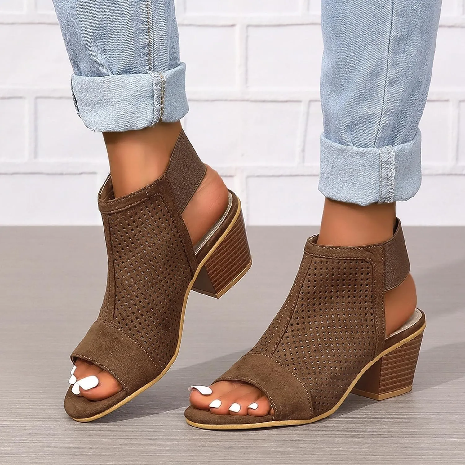 Women Peep Toe Booties Open Toe Boots Cutout Ankle Strap Mid Black Chunky Heel Block Sandals