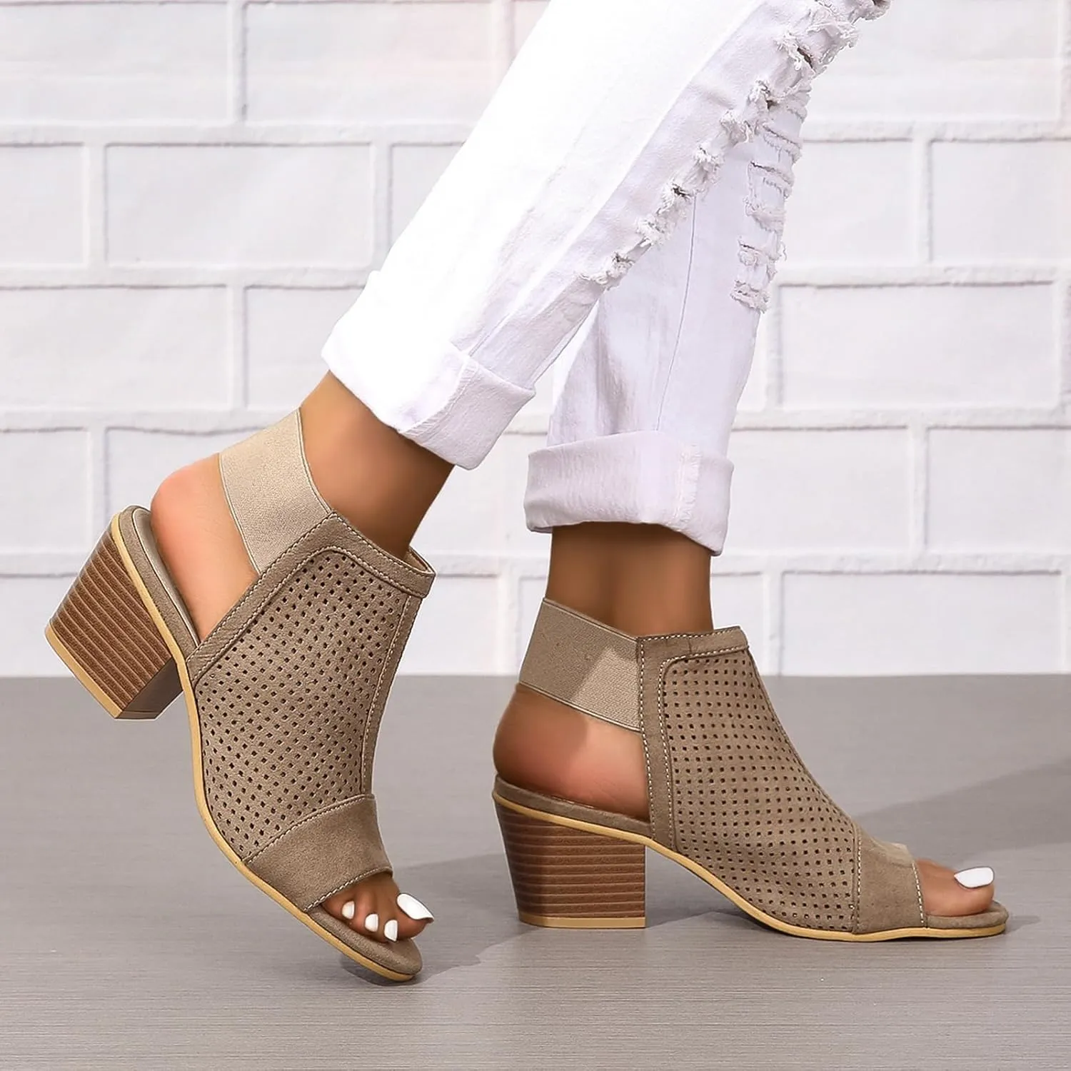 Women Peep Toe Booties Open Toe Boots Cutout Ankle Strap Mid Black Chunky Heel Block Sandals