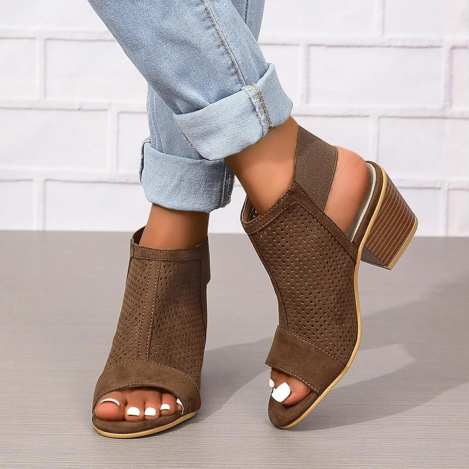 Women Peep Toe Booties Open Toe Boots Cutout Ankle Strap Mid Black Chunky Heel Block Sandals
