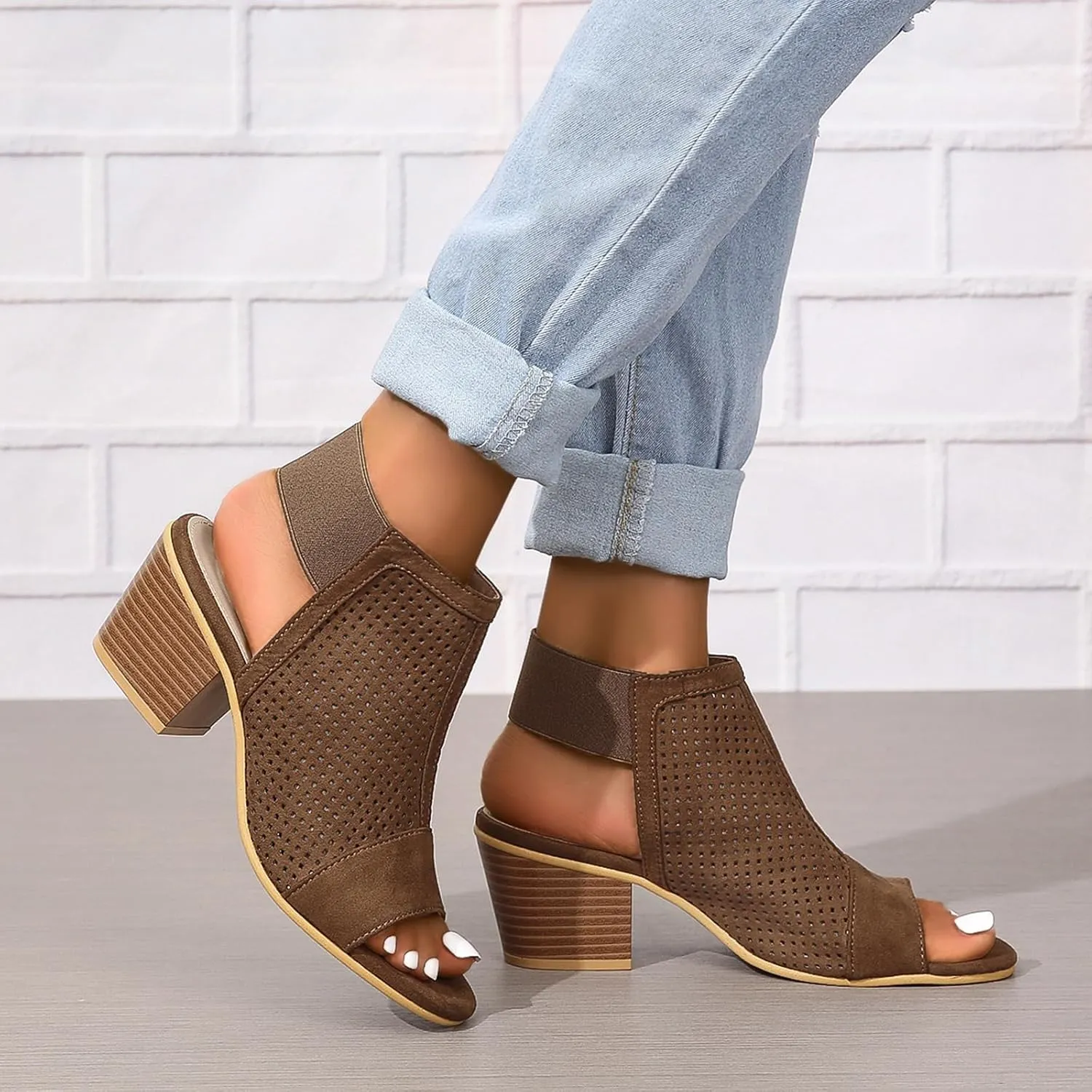 Women Peep Toe Booties Open Toe Boots Cutout Ankle Strap Mid Black Chunky Heel Block Sandals