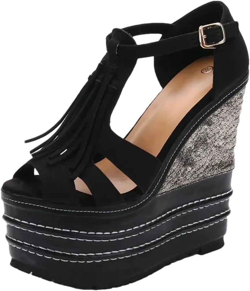 Women Platform Wedge Sandals Super High Heel Open Toe Buckle Strap Casual Wedge Shoes