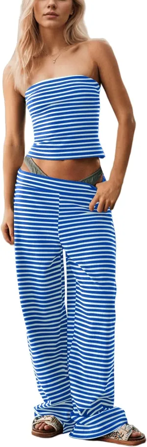 Women Sailor Tube Top Set 2 Piece Outfits Striped Strapless Bandeau Low Waist Wide-Leg Pants Lounge Sets