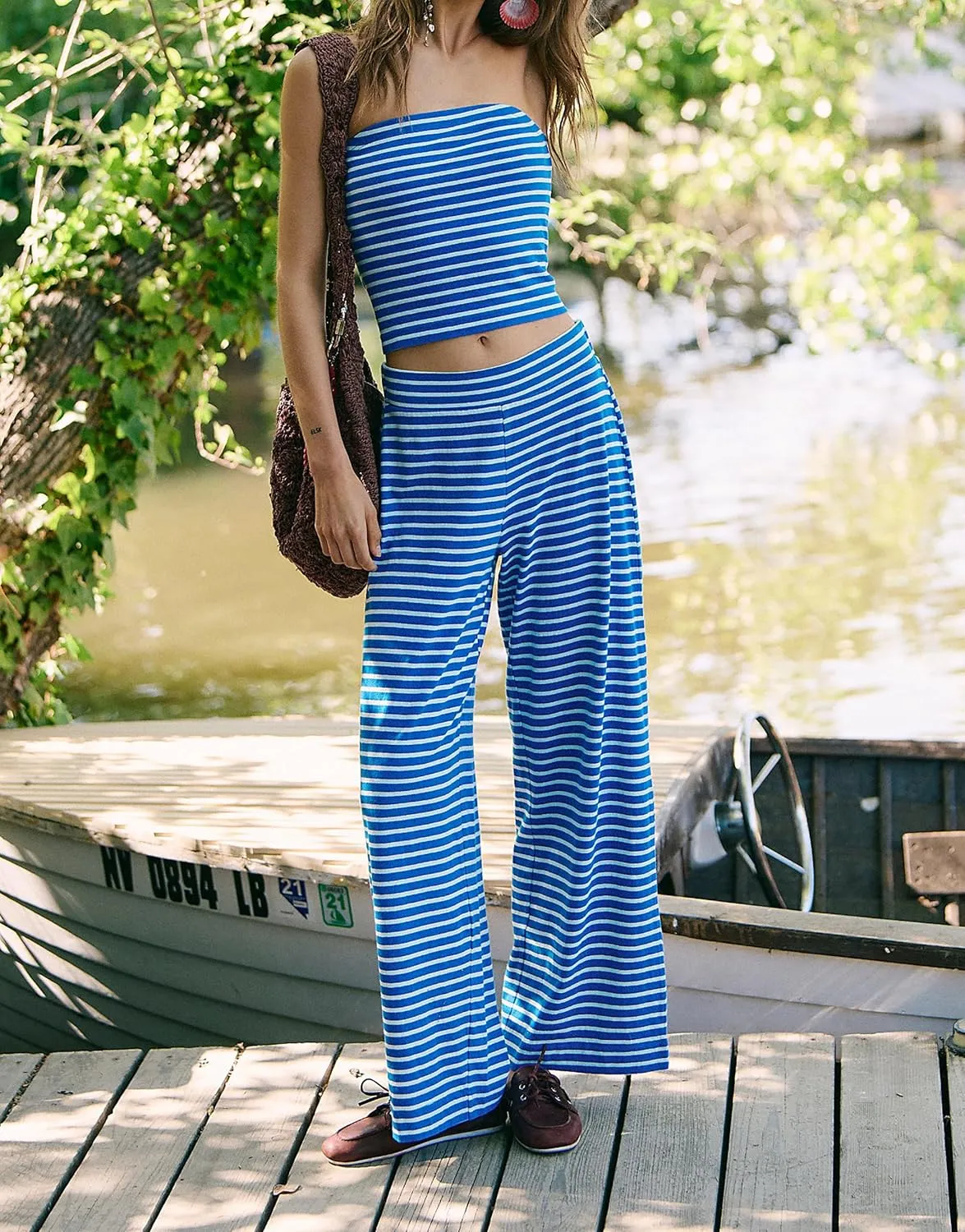Women Sailor Tube Top Set 2 Piece Outfits Striped Strapless Bandeau Low Waist Wide-Leg Pants Lounge Sets