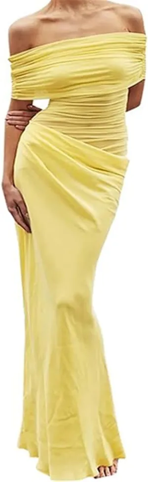 Women Sexy Off Shoulder Maxi Dress See Through Mesh Ruched Ruffles Paneled Bodycon Dress Y2K Party Summer Clubwear