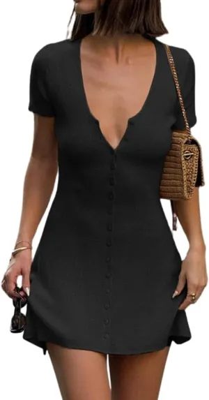 Women Sexy V Neck Button Down Rib Knit Mini Dress Short Sleeve Solid Causal Summer Aesthetic A-Line Short Dress