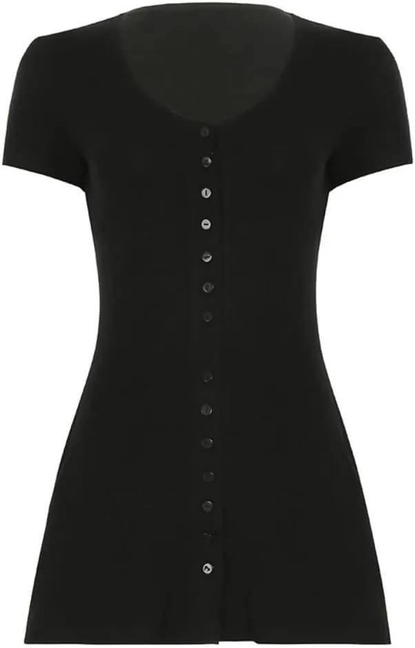 Women Sexy V Neck Button Down Rib Knit Mini Dress Short Sleeve Solid Causal Summer Aesthetic A-Line Short Dress
