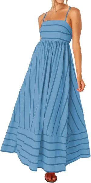 Women Striped Maxi Dress Sleeveless Backless Cutout Smocked Sundress Spaghetti Straps Boho Flowy Dresses