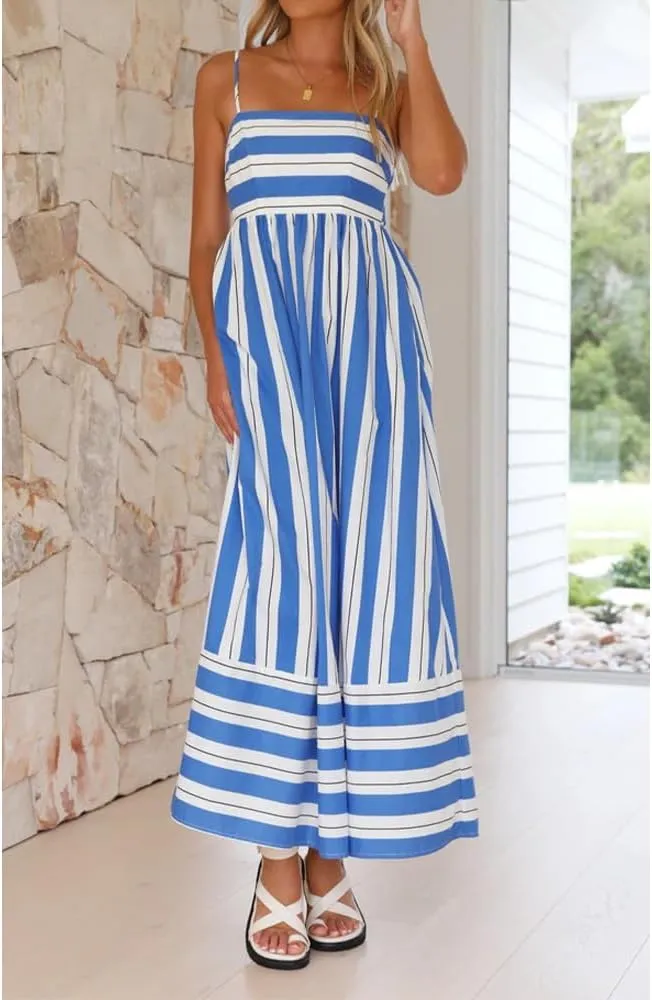 Women Striped Maxi Dress Sleeveless Backless Cutout Smocked Sundress Spaghetti Straps Boho Flowy Dresses