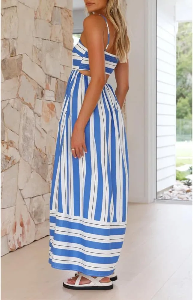 Women Striped Maxi Dress Sleeveless Backless Cutout Smocked Sundress Spaghetti Straps Boho Flowy Dresses